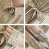 PERHAPS U Gray Khaki Plaid Mesh Turn Down Collar Long Sleeve Midi Dress Sash Button Mid Calf Elegant Preppy Style D0373 210529