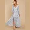 Casual Dresses Bohemian Chiffon Floral Dress Fashion Sexy Deep V Neck Long Sleeve Maxi Woman Blue Boho Shirt Beach Plus Size Skirt303n