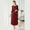 Phnom Penh geplooide jurk Spring en herfst Mother's Three House Seven Mouw Stitching Mesh Twee stukken Mid Long Casual -jurken