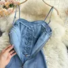 Summer Spaghetti Strap Denim Dress Donna senza maniche Lace-up Bandage Slim Party Sexy Ruffles Nappe Mini Jeans 210603