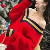 PERHAPS U Women V Neck Knitted Pullovers Long Sleeve Knee Length Red Loose Straight Winter Dress M0771 210529