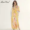 Fashion Designer dress Autumn Women's Dress Batwing Sleeve Multicolor Geometry Print Loose Plus Size Maxi Dresses 210524