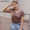 Wysokiej jakości V-Neck 15 Candy Color Cotton Basic T-shirt Kobiety zwykła prosta koszulka na krótki rękaw żeński topy 077 210720