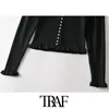 Traf Wesid Fashion Faux Pearlボタントリミングニットカーディガンセータービンテージ長袖女性アウターウェアシックトップス210415