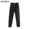 Женские моды боковые карманы мешковатые бумаги джинсы высокой эластичной талии джинсовые джинсовые женские лодыжки брюки Mujer 210420