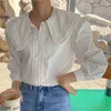 Camicia da donna allentata con bottoni colletto rovesciato Top Camicetta da donna a maniche lunghe con sbuffo a pieghe primaverili Camicie da lavoro OL tinta unita Blusas 13861 210512