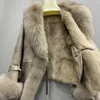 Winter Echtpelz Mantel Echtes Kaninchen Haut Leder Und Pelz Jacken Mit Natürlichen Pelz Kragen Damen Outwear Oversize 211018