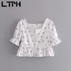 vintage floral womens tops and blouses square collar Ruffles short puff sleeve women casual shirt Summer 210427