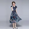 Zomer vintage mode denim v-hals patchwork chiffon lange jurken vestidos hoge taille casual feestjurk vrouwelijke 210518