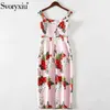 Casual Dresses Svoryxiu 2021 Sexig Runway Summer Party Spaghetti Strap Women's Elegant Pink Flower Print Plus Size Dress Vestdios S - 5XL