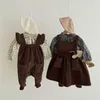 デザインの女の子ジャンプスーツのための赤ちゃん素敵なポケットAラインドレス縞模様の服韓国のブティック幼児のカジュアルコスチューム210529