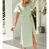 Casual Dresses Elegant Women Long Wrap Dress High midjefest Kvinnlig kortärmning Kontor V-Neck Summer Vestidos