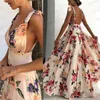 Moda Yaz Kadın Boho Uzun Maxi Elbise Backless Kolsuz V Boyun Çiçek Elbise Akşam Parti Plaj Elbiseleri Sundress X0705