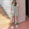 Green Yellow Violet Plaid Turn Down Collar Short Sleeve Knitting Button Mini Dress Women Female Summer Polo D1138 210514
