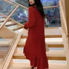 Knitted Red Crew Neck Midi Sweater Dress Autumn Winter Elegant Long Sleeve Stragiht Loose Ruffle Cable Solid D1564 210514