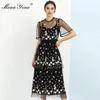 Mode Designer Kleid Sommer Damen Kleid Kurzarm Mesh Blumen Stickerei Schlanke Elegante Urlaub Schwarze Kleider 210524