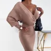 Sexy V Neck Women Bodycon Package Party Dress Spring Autumn Stripe Plaid Print 2021 Elegant Lantern Sleeve