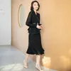Frauen 2021 Frühling Mode Temperament Promi Schwarz Anzug Halb Rock Zwei Stück Set Koreanische Langarm Hosen