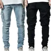 Men Solid Skinny Pockets Denim Cargo Combat Pants Jeans Slim Fit Trouser Bottoms Fashion Men's Casual Outwear 220115