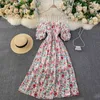 Singreiny Bohemian Floral Strap Klänning Kvinnor Sommar Koreansk Puff Sleeve A-Line Dress Sexig Off Shoulder Holiday Beach Midi Dresses 210419