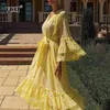 Желтое вылое платье для женщин v шеи fleare с длинным рукавом высокая талия кружева навязчивости бабочка MIDI платья женские летние моды 210531