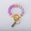 Party Supplies 9styles tassels wood bead keychain Silicone Beads Bracelet Leather key ring Food grade silicon Wrist Keychains Pendant Euramerican T2I52003