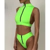 High Waist Bikini Mujer Neon Green Swimsuit Female Neck Swimwear Women Zipper Crop Top Sexy Bathing Suit Bathers 210629