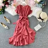 Elegant Kvinnor Söt Bandage Klänning Chic Slim High Waist Koreanska Klänningar Ruffles Ol Summer V Neck Vestidos Solid 210519