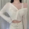 Borboleta Knit Cardigan Coreano Sexy V-Pescoço V-Neck Fitness Crop Tops Senhoras Verão Fino Das Longo Rasca protetor solar Casacos 210914