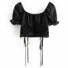 Vintage Chiffon Ruched Women Toppar och Blusar Puff Sleeve Lace Up White Crop Chic Ruffle Holdiday Black Blouse Shirt 210427