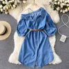 Summer Fashion Women Denim Dress One Shoulder Short Puff Sleeve Single Breasted A-line Casual Female Jeans with Belt 210603