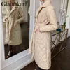 Glamaker Casual rhombus printed women winter parka Long deep pockets straight coat Female tailored collar winter outerwear 211221