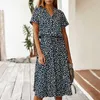 Mode vrouwen jurken zomer boho dot print hoge taille shirt jurk casual vakantie strand korte mouwen vrouwelijke midi jurk y0603