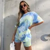 Femmes Tshirt Shorts Deux pièces Short à manches courtes Tie Dye Imprimer Casual Gym Vêtements Taille élastique Loose Lady Pulls Été 210415