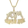 Mens Jewelry Hiphop Iced Out CZ Letter Pendant Necklace Gold Micro Paved Cubic Zircon ATM Addicted To Money Necklaces