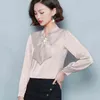 韓国のファッションの服の固体緩い長袖の女性のトップスとブラウス春の弓絹の服オフィスレディ8493 50 210521