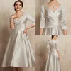 Elegant Champagne V-neck Tea-Length Pleats Mother of the Bride Dress Ruffles Satin Bridal Party Gown Customed Plus Size Vestidos