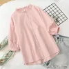 Hsa blouses voor vrouwen mode witte shirts roze peter pan kraag schattig roze pure katoenen zomer top chic harajuku blouse 210716