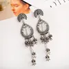 Femme Vintage Argent Color Color Eau Drop Long Jhumka Dangle Boucle d'oreille Indien Bijoux Turquie Boucles d'oreilles sculptées