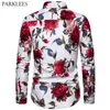 Rose Pattern Heren Shirt Linnen Lange Mouw Trouwjurk Shirts Modeshow Dance Groomsman Camisa Masculina Chemise Homme 210524