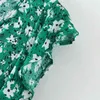 Kobiety V Neck Flower Print Ruffles Green Midi Sukienka Elegancki Shrink Fold Design Vestidos Chic Marka Dresses DS3576 210420