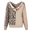 Kvinnors Tröjor Leopard Stitching Stickade Kvinnor Fashion V-Neck Sequin Temperament Elegant Pullover Toppar Pull Femme Hiver Clothing