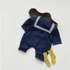 Vår Koreanska Naval Wind Spädbarn Soft Denim Jumpsuit Baby Romper Klättring Kläder Born Girl Outfit 210515