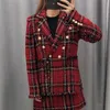 Tweed Red Plaid Women Jacket Blazers Vintage Jackor Kvinna Patchwork Lapel Blazer Coats Chic Outfit Kläder 210430