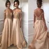 2021 Seksi Nedime Elbiseler Şampanya Altın Hizmetçi Onur Elbiseler Boncuklu Dantel Kapalı Omuz Backless Uzun Düğün Törenlerinde