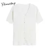 Yitimuceng T Shirts Woman Button Up Tees Unicolor White Black Purple Pink Tops Summer Korean Fashion Knitted Tshirts 210601