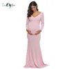 Rosa av axel långärmad moderskapsklänningar Monterad mantel Graviditetsklänning Foto Shoot Vestidos de Fiesta de noche y0924