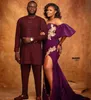 2021 Plus Taille Arabe Aso Ebi Violet Sirène Sexy Robes De Bal En Dentelle Haute Split Sheer Cou Soirée Formelle Deuxième Réception Go338I