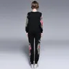 Fashion Tracksuit Women Flower Floral Embroidery Two Piece Autumn Streetwear Long Sleeve Sweatshirt Top and Pants Set 210416