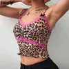 Letnia Moda Lampart Print Pasek Koronkowy Projekt Ruffles Sexy Camis Crop Top Kobiety Backless Deep V Neck Tank Tops Party Club 210510